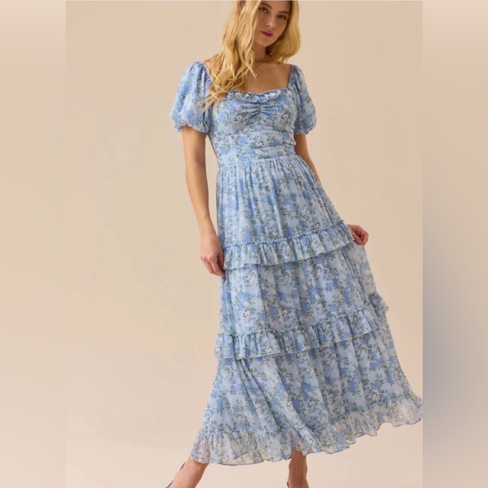 Altar'd State Light Blue Floral Puff-Sleeve Maxi Dress